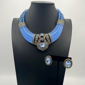 Retired Heidi Daus Blue Lucite Swarovski Crystal Statement Necklace & Earrings